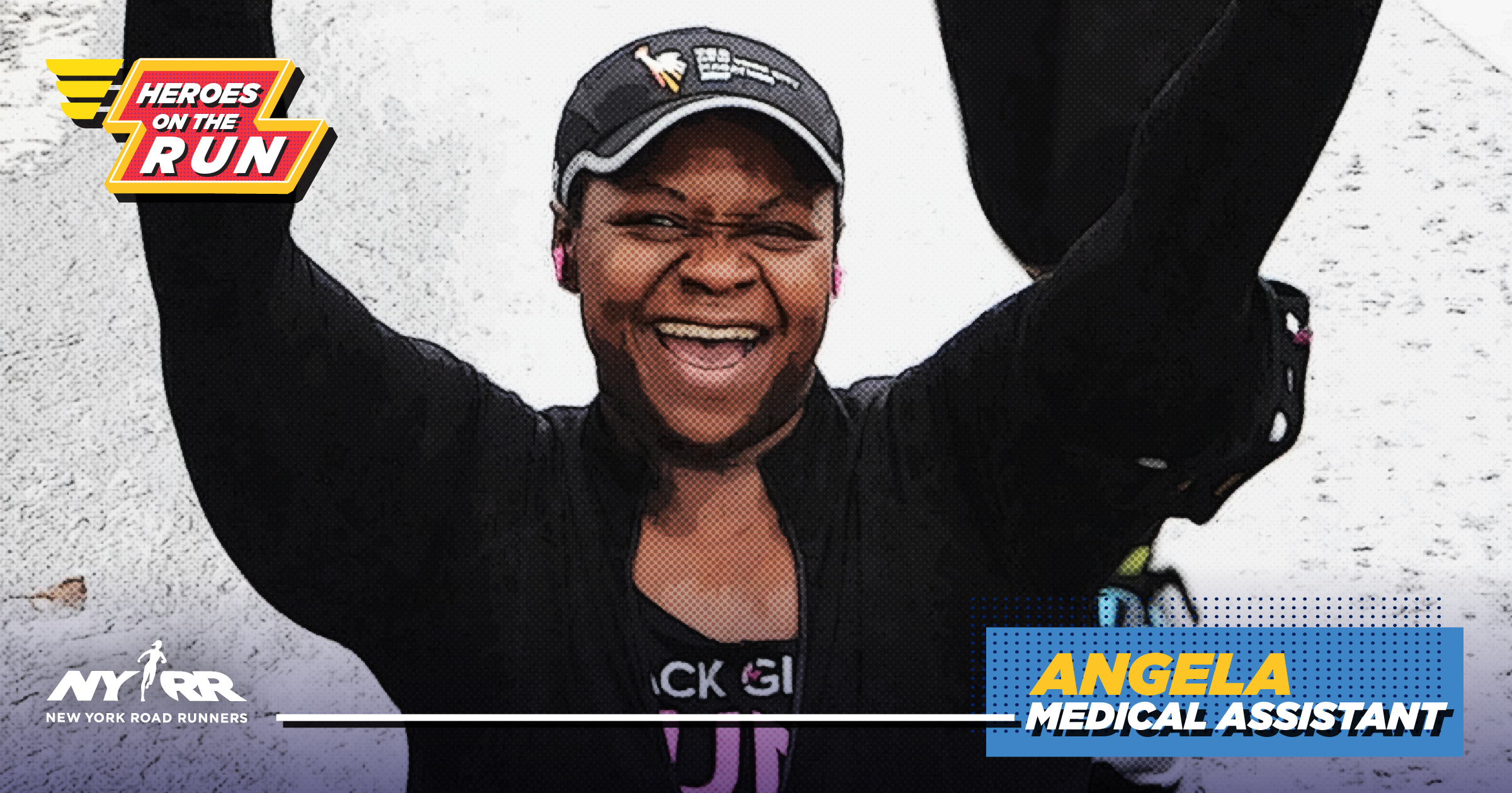 Angela Wint celebrating in the middle of a race, with the Heroes on the Run logo and "Angela: Medical Assistant" overlaid