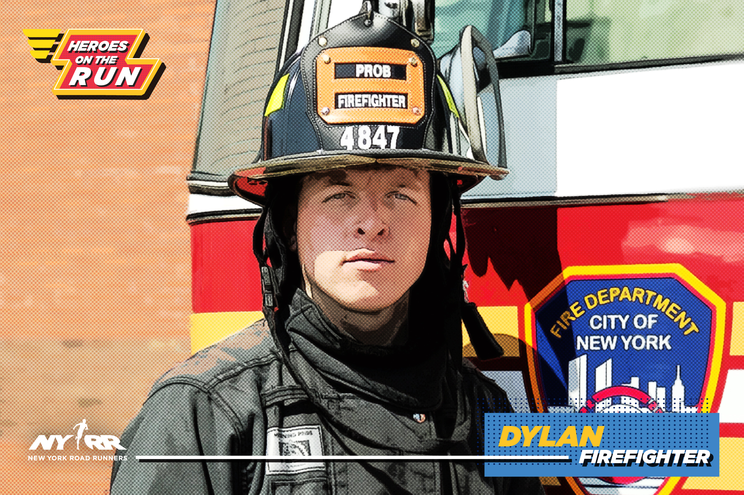 Close-up of Dylan Vidoli in firefighter gear, standing in front of a fire truck, with the Heroes on the Run logo overlaid and a lower-third graphic reading "Dylan: Firefighter"