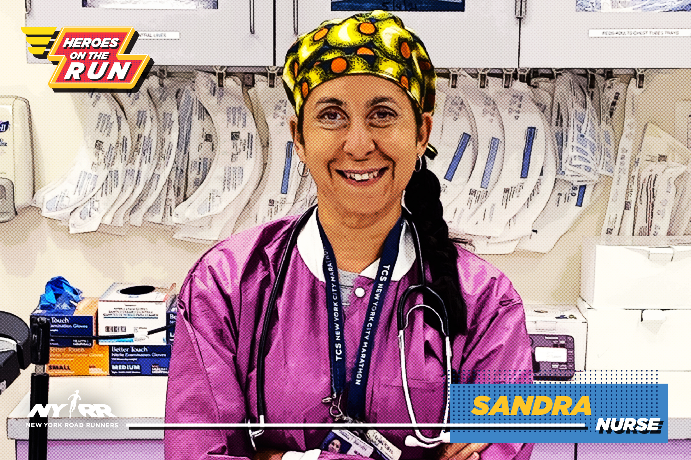 Sandra Perez nurse with Heroes on the Run text overlay
